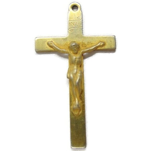 Gold Tone Cross Crucifix Charm Pendant Patina Vintage - Picture 4 of 12